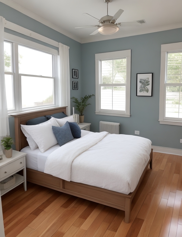 Double hung windows all around a bedroom for energy efficiency and ventilation meant to last
